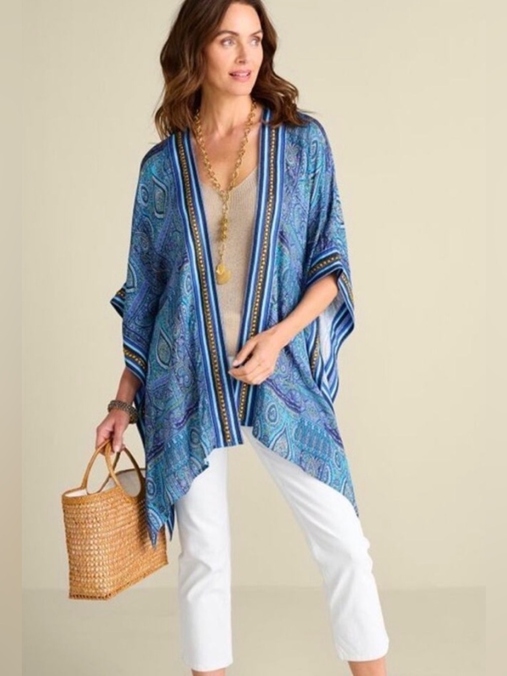 Soft Surroundings Miravelle Teal and Navy Paisley Kimono L/XL NWT